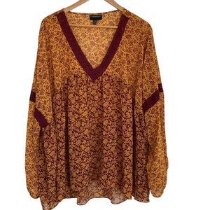 Lane Bryant Womens Popover V Neck‎ Balloon Sleeve Blouse Size 26/28 Boho Fall